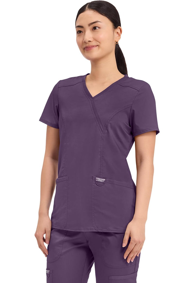 Cherokee Scrubs Top for Women Mock Wrap with 3 Pockets, Soft, 2-Way Stretch & Durable Fabric - WW610, XS, Eggplant - Image 2